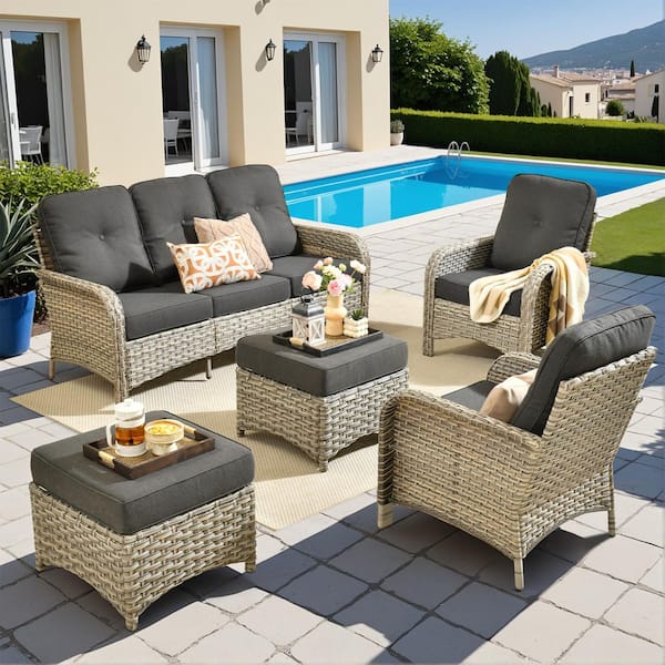 Gerbera A 5-Piece Wicker Patio Conversation Seating Set with Black Cushions and Ottomans