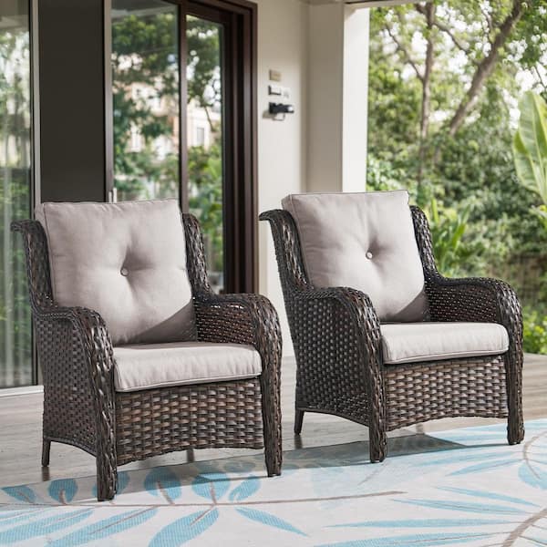 ArcoBay Metal and Brown Wicker Outdoor Lounge Chair with Olefin Beige Cushions (2-Pack)