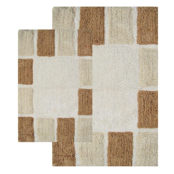 Chesapeake Merchandising 20 in. x 32 in. and 23 in. x 39 in. 2-Piece Mosaic Tiles Bath Rug Set in Natural and Linen