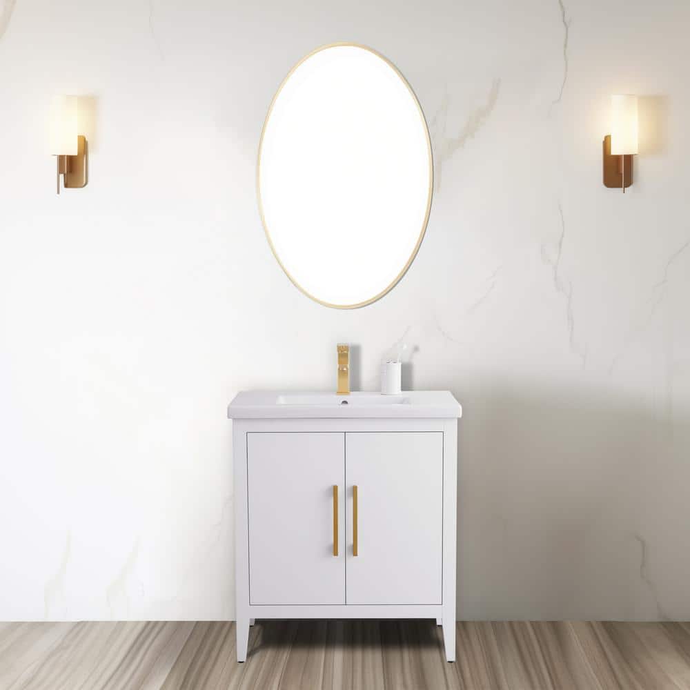 White Poplar Wood 30" Single Vanity with Golden Brushed Accents