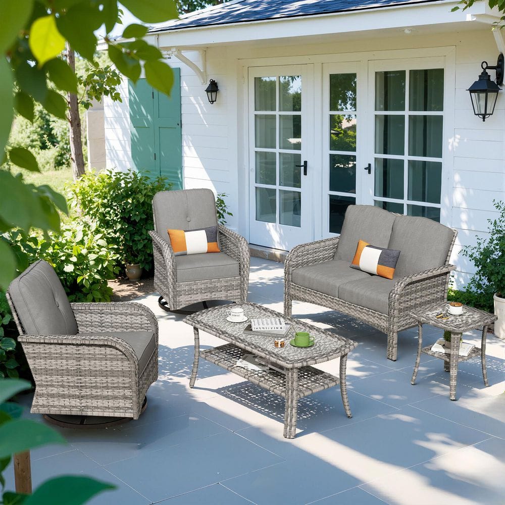 Mejy Gray 5-Piece Wicker Patio Conversation Set with Dark Gray Cushions and Swivel Chairs price history on PriceWatchPro