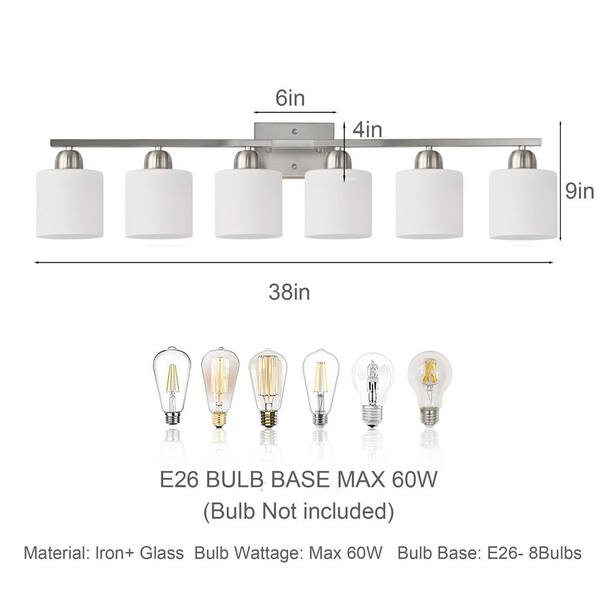 38 in. 6 Light Brushed Nickel Bathroom Vanity Light Over Mirror, Wall Sconce with White Glass Shades for Dressing Room