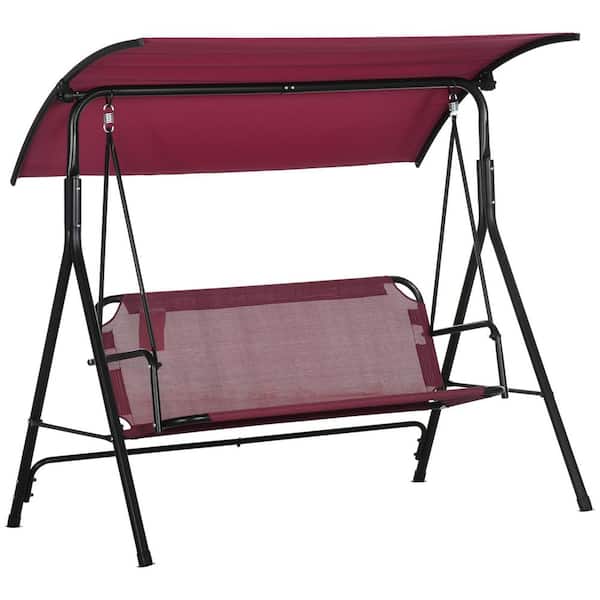 3-Person Metal Outdoor Porch Patio Swing Chair with Stand and Adjustable Canopy, Armrests