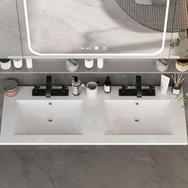 WIAWG 47.2 in. W x 18.3 in. D Resin Vanity Top in White With Double Rectangle Basin Sink