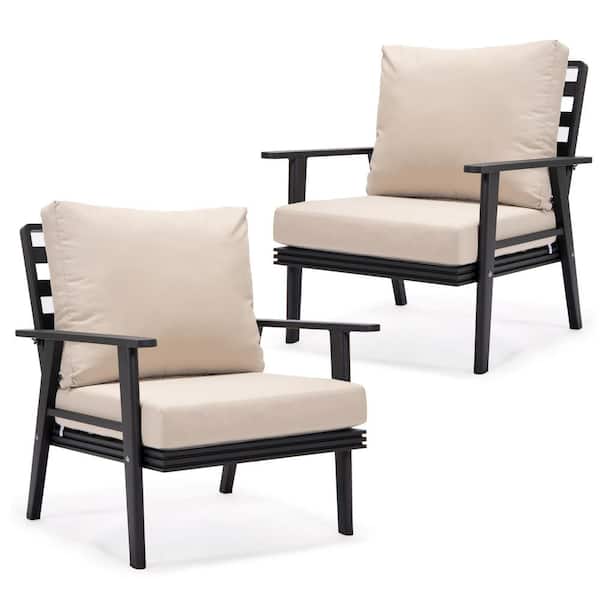 Leisuremod Walbrooke Modern Black Aluminum Outdoor Arm Chair with Powder Coated Frame and Removable Cushions in Beige (Set of 2)