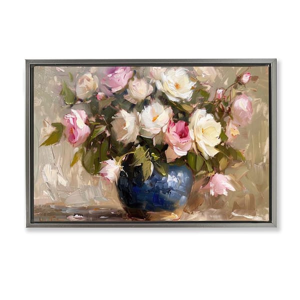 Stupell Industries Painterly Vase of Roses by LSR Design Studio Gray Floater Frame Nature Graphic Art Print 21 in. x 31 in.