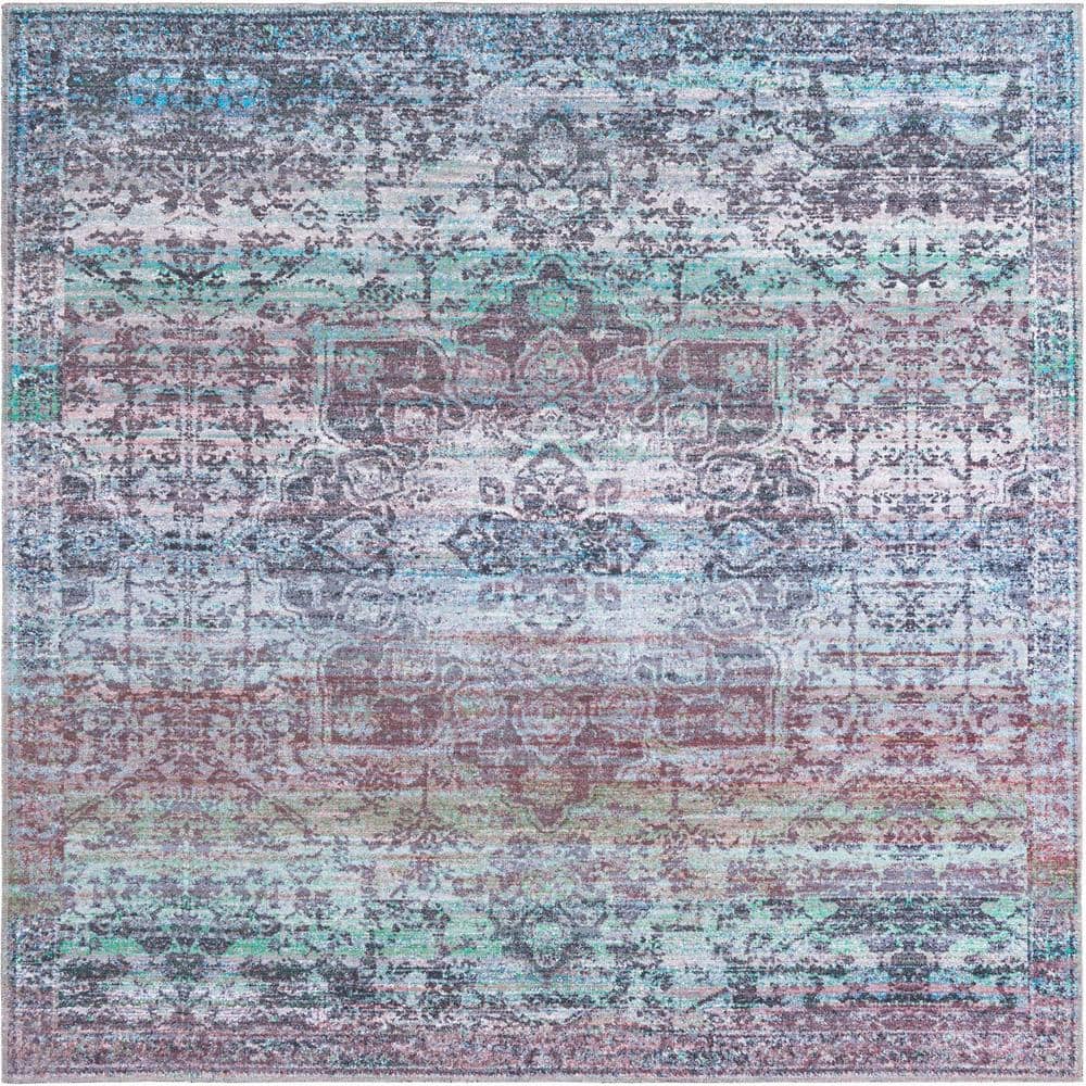 Renaissance 8 ft Square Blue Green Medallion Washable Rug