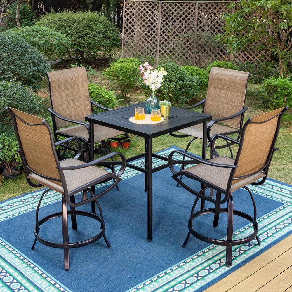 5-Piece Metal Outdoor Bar Height Dining Set with Straight-Leg Square Table and Textilene Swivel Bar Stools