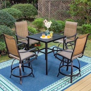 5-Piece Metal Outdoor Bar Height Dining Set with Straight-Leg Square Table and Textilene Swivel Bar Stools