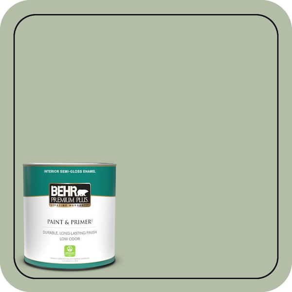 BEHR PREMIUM PLUS 1 qt. #S390-3 Creamy Spinach Semi-Gloss Enamel Low Odor Interior Paint & Primer