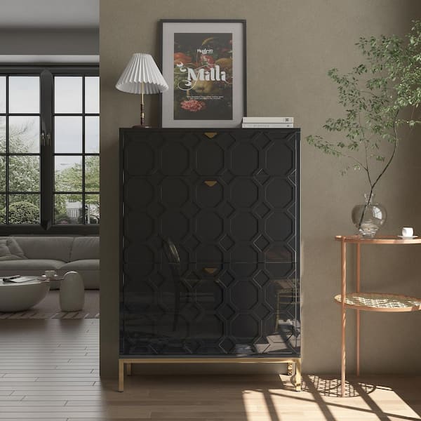 46.5 in.H x 31.5 in.W Black Shoe Storage Cabinet with Drawers and Golden Handle