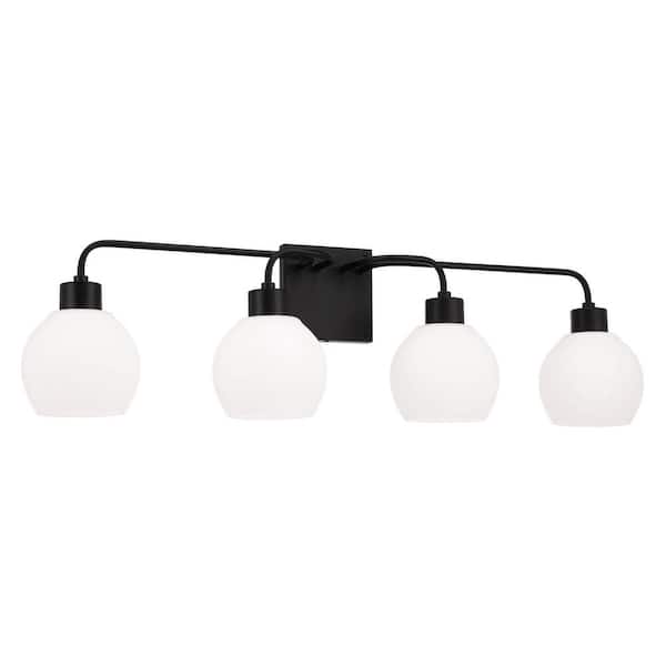 34 in. W x 9.75 in. H 4-Light Vanity in Matte Black with Soft White Glass Globes