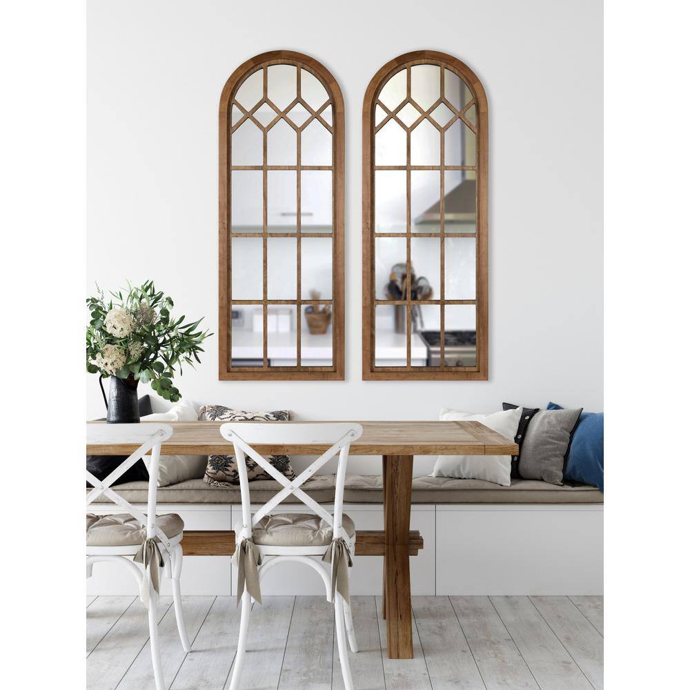 Rustic Brown Arch Wood Framed Windowpane Wall Mirror, 18 x 47
