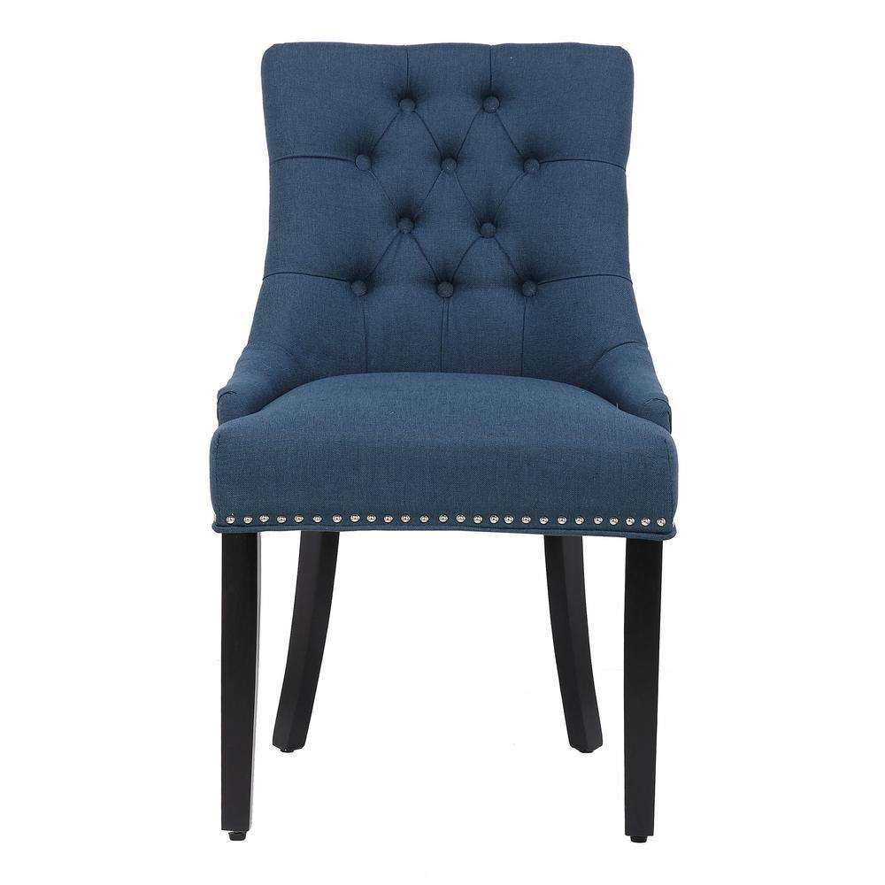 Blue Linen Upholstered Tufted Dining Side Chair with Rubberwood Legs