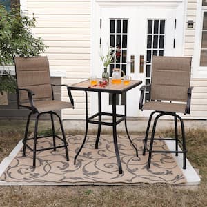 Black 3-Piece Metal Square Outdoor Patio Bar Set with Wood-Look Bar Table and Padded Swivel Bistro Chairs
