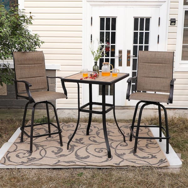 PHI VILLA Black 3-Piece Metal Square Outdoor Patio Bar Set with Wood-Look Bar Table and Padded Swivel Bistro Chairs