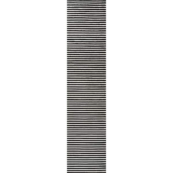 Aarhus High-Low Minimalist Scandi Striped Black/White 2 ft. x 8 ft. Runner Rug