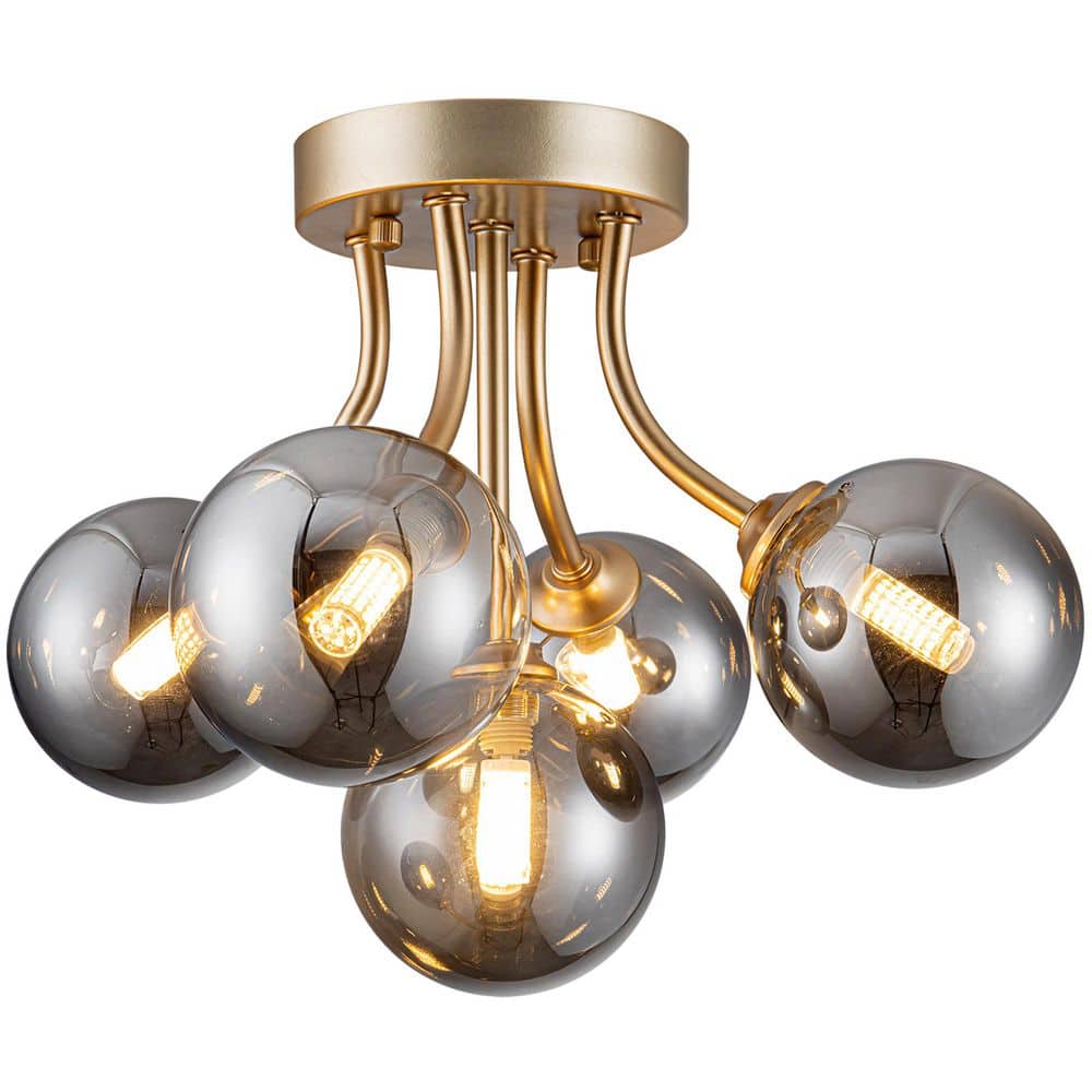 15.35 in. 5-Light Gold Mid Century Semi-Flush Mount Ceiling Light With Smoky Gray Shade and No Bulbs Included price history on PriceWatchPro