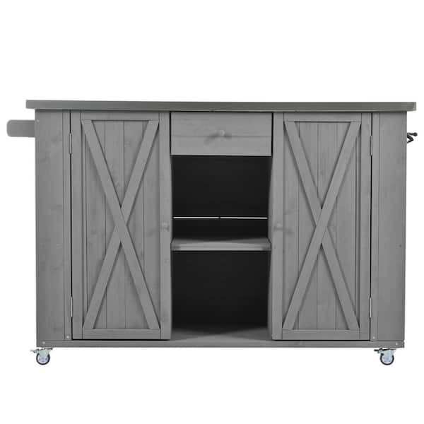 Grey Fir Wood and Stainless Steel Outdoor Kitchen Island and Serving Cart with Foldable Top