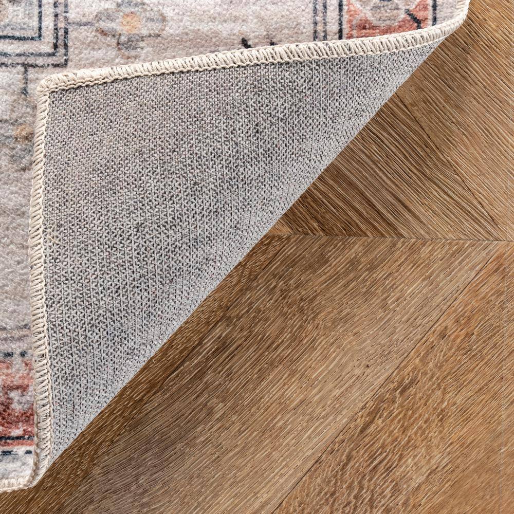 Beige and Coral Vintage Medallion Machine Washable Runner Rug