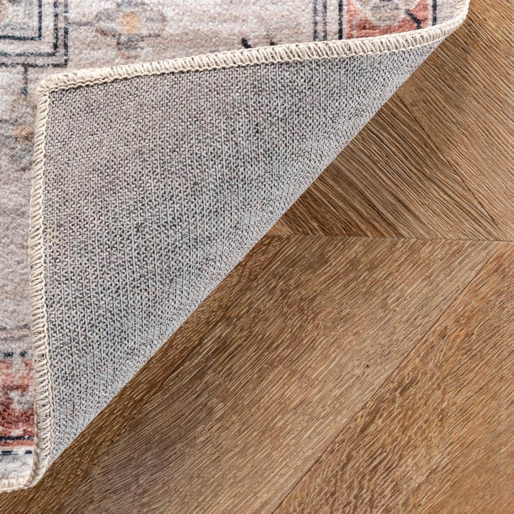 Vintage Beige and Tan Round Synthetic Washable Area Rug, 6'