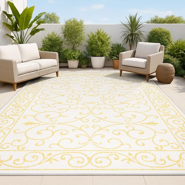 Charleston Vintage Filigree Textured Weave Cream/Yellow 8 ft. x 10 ft. Indoor/Outdoor Area Rug