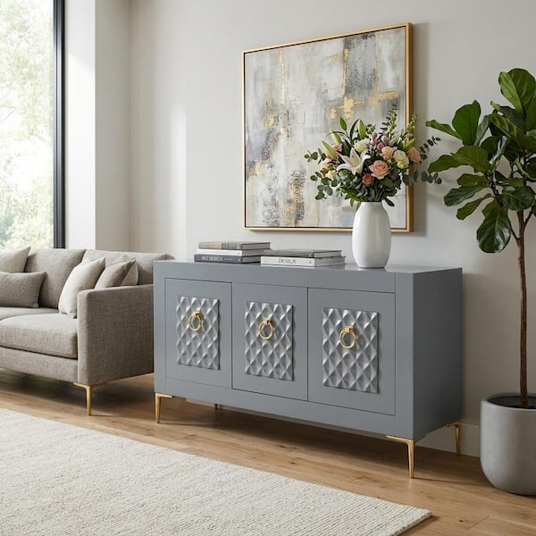 Gray Wood 78 in. Modern Rectangle Textured Sideboard with 3-Doors