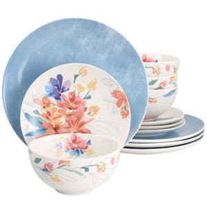 Goji Blossom Decorated 12-Piece Blue Fine Ceramic Dinnerware Set