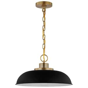 Colony 100-Watt 1-Light Matte Black/Burnished Brass Shaded Pendant Light with Black Metal Shade, No Bulbs Included