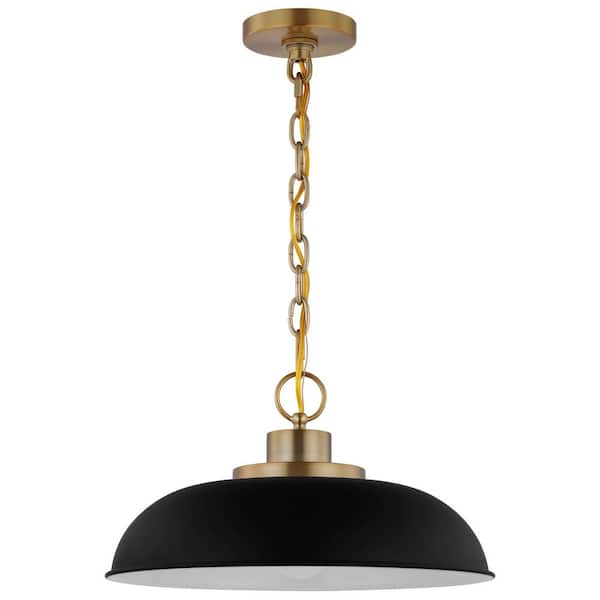 SATCO Colony 100-Watt 1-Light Matte Black/Burnished Brass Shaded Pendant Light with Black Metal Shade, No Bulbs Included