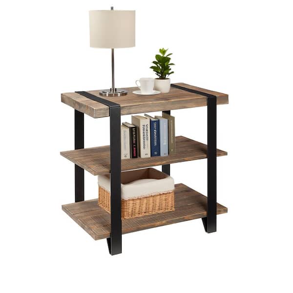 Alaterre Furniture Modesto 27 in. Rectangle End Table with Metal Strap and Solid Wood, Natural Pine Finish, Rustic Industrial Style