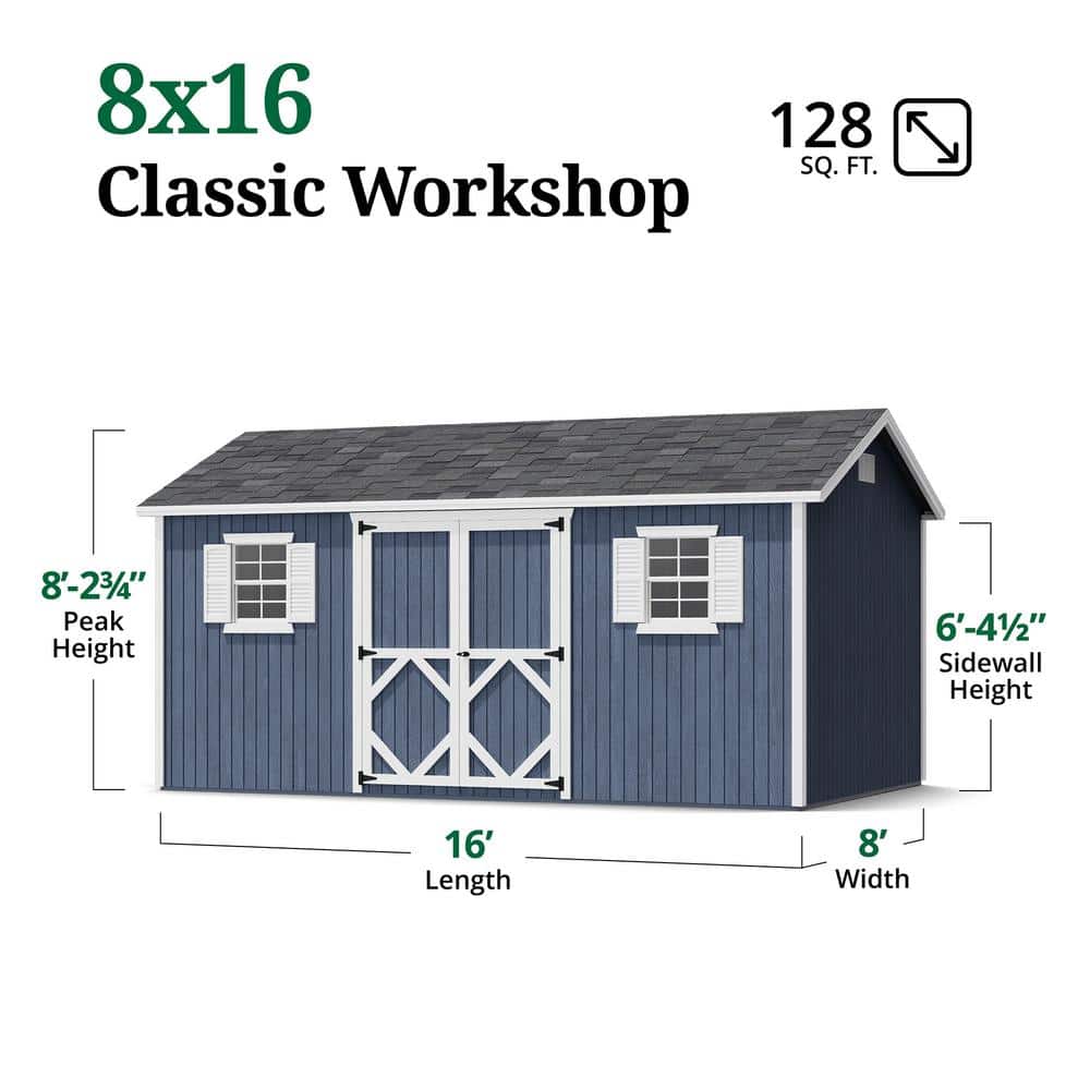 Classic Blue and White 8' x 16' Wood Storage Shed with Windows
