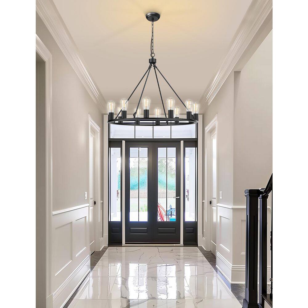 YANSUN 32 in. 12-Light Black Farmhouse Dining Room Wagon Wheel