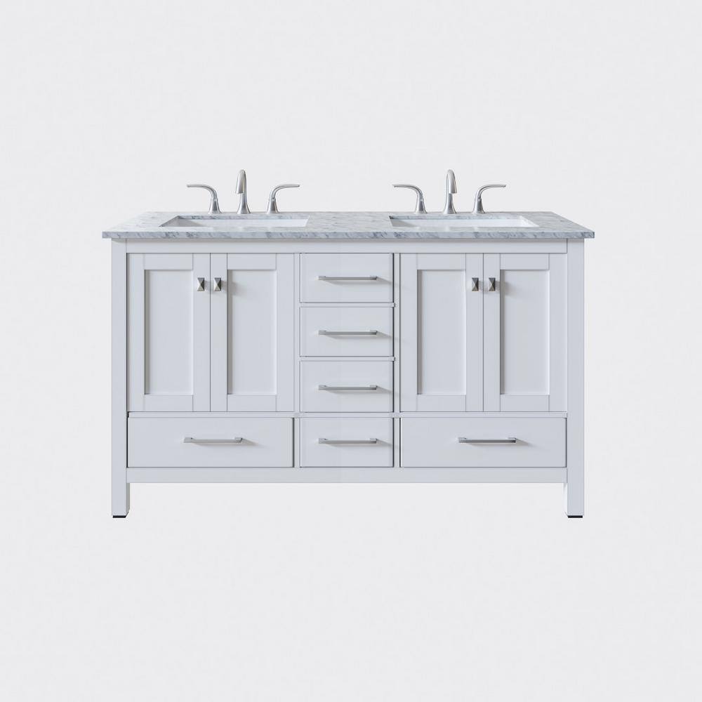 Aberdeen White Double Sink Bathroom Vanity with Carrara Quartz Top