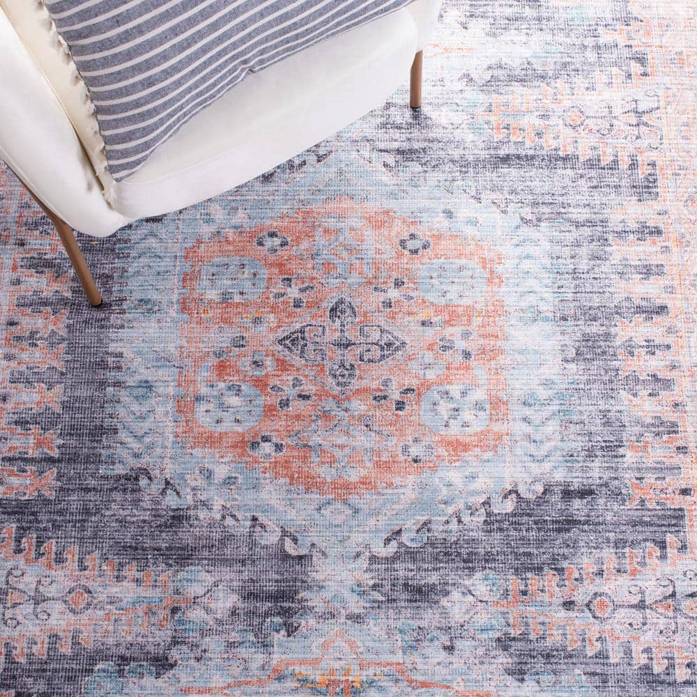 Blue and Terracotta 10' x 14' Washable Viscose Chenille Area Rug