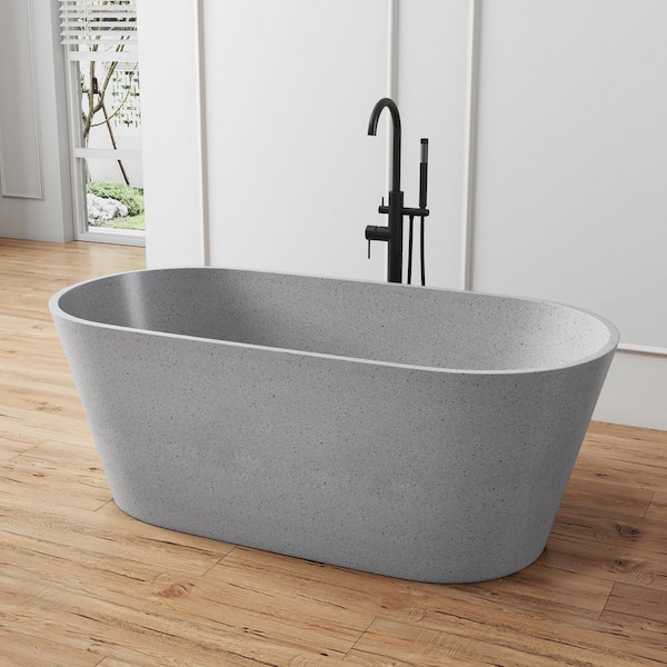 59 in. x 29 in. Terrazzo Stone Solid Surface Flatbottom Freestanding Soaking Bathtub in Light Gray
