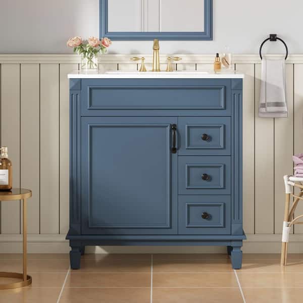 30 in. Freestanding Blue Bath Vanity with White Ceramic Top, 2-Drawers and Adjustable Shelf