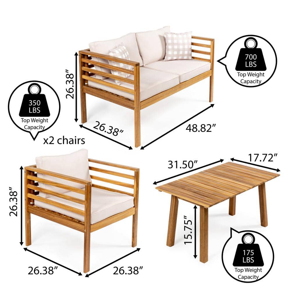 Thom 4-Piece Beige and Teak Acacia Wood Outdoor Patio Set