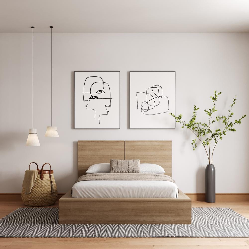 Light Brown Oak Full Platform Bed with Headboard