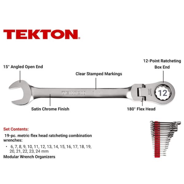 19-Piece (6-24 mm) Flex Head 12-Point Ratcheting Combination Wrench Set with Modular Slotted Organizer
