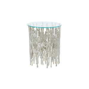 18 in. W. x 21 in. Silver Metallic Cutout Abstract Round Metal Coffee Table with Glass Tabletop