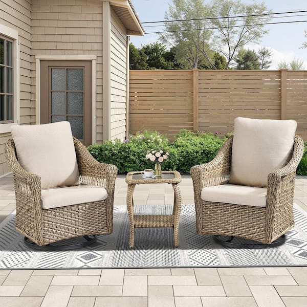 3-Piece Swivel Yellow Wicker Outdoor Bistro Set with Side Table, Patio Rocking Glider Chair Set with Beige Cushion