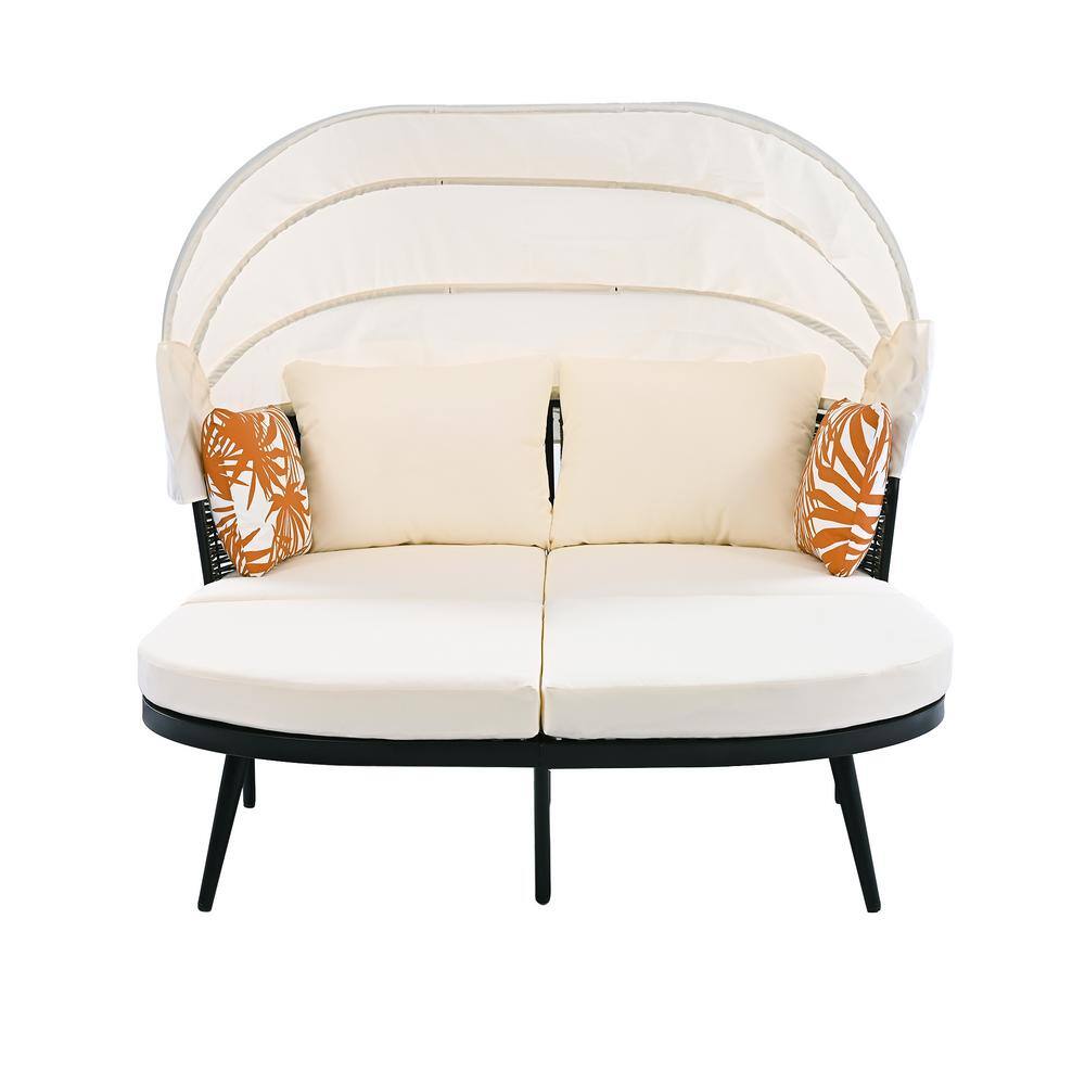 Wicker Outdoor Day Bed, Patio Loveseat Sofa Set with Canopy, Pillows and Be