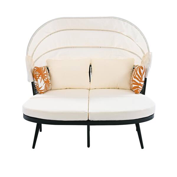 Unbranded Wicker Outdoor Day Bed, Patio Loveseat Sofa Set with Canopy, Pillows and Beige Cushions for Backyard, Poolside, Garden