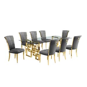 Dominga 9-Piece Rectangular Glass Top Gold Stainless Steel Dining Set with 8 Dark Grey Velvet Fabric Gold Chrome Chair