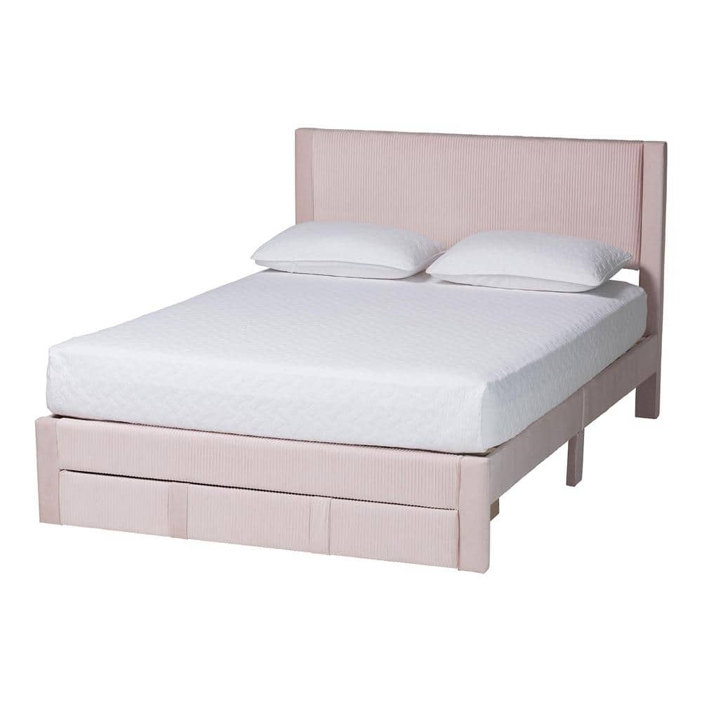 Elora Light Pink Velvet and Wood Frame Queen Platform Bed with Storage