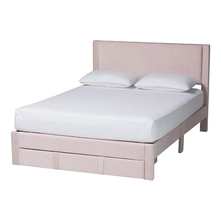Baxton Studio Elora Light Pink Velvet and Wood Frame Queen Platform Bed with Storage