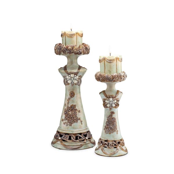 Set of 2 Beige And Brown Vintage Pillar Tabletop Candle Holders Set of 2 Beige And Brown Vintage Pillar Tabletop Candle Holders