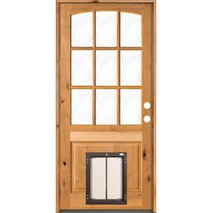 36 in. x 80 in. Left-Hand Arch Top 9 Lite Clear Glass Stained Wood Prehung Door with Large Dog Door