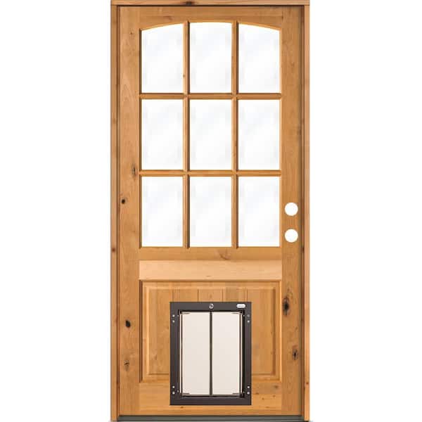Krosswood Doors 36 in. x 80 in. Left-Hand Arch Top 9 Lite Clear Glass Stained Wood Prehung Door with Large Dog Door